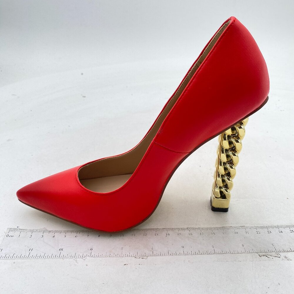 Red Women Gold Metal Chain Chunky High Heel Pointed Toe Slip On Prom Pumps